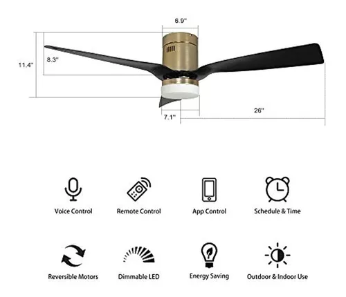 SMAAIR Ventilador de techo inteligente de 3 aspas con luz y control remoto,  funciona con aplicación/Alexa/Google Home/Siri, luz LED regulable y motor