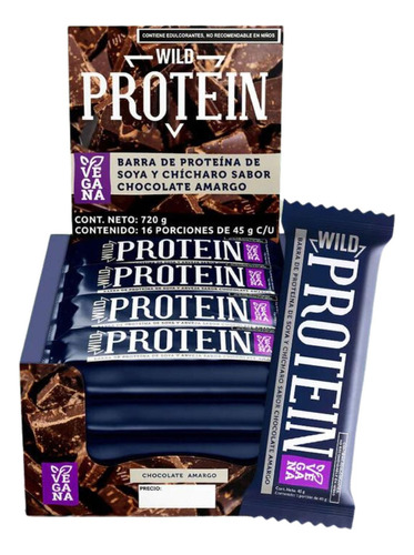 Barra proteica Wild Foods Barras Wild Protein sin TACC  sabor chocolate amargo 720 g de 16 u