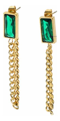 Aros Cadena Bañado En Oro Cristal Verde Esmeralda
