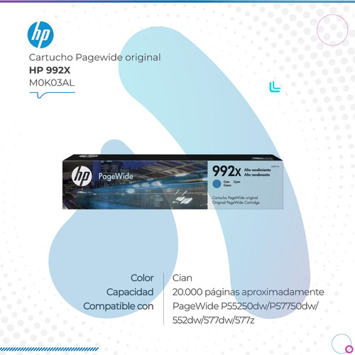 Cartucho Pagewide Hp 992x (m0j91al) Cyan 16000 Páginas