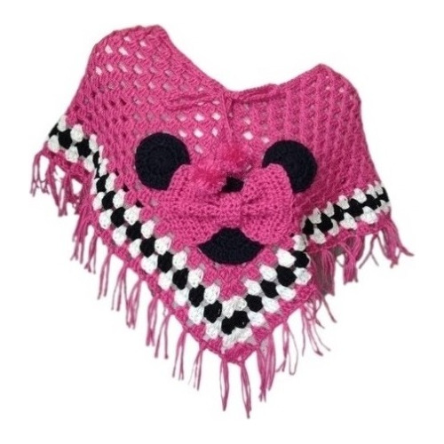 Poncho Minnie Fucsia Tejido Mano Crochet Lana 2 A 5 Años