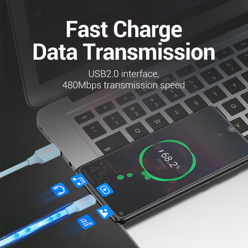 Cable Usb Vention - Usb A Usb C - Carga Rapida 3a - 2 Metros - 480 Mbps - Color Turquesa - Pvc - Cargador Y Datos - Para Pc / Notebook / Macbook / Celular / Tablet / Auriculares - Coksh