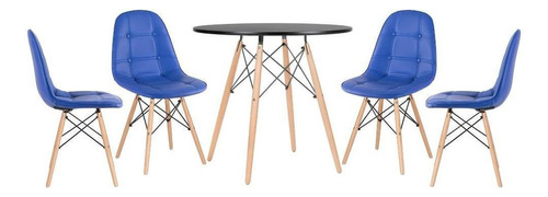 Kit Jantar Eames Wood Mesa 80 Cm 4 Cadeiras Estofada Botone Tampa Mesa Preto Com Cadeiras Azul