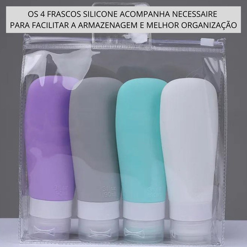 Kit Viagem 4 Frascos Potes Silicone Shampoo Creme 90ml Tsa N