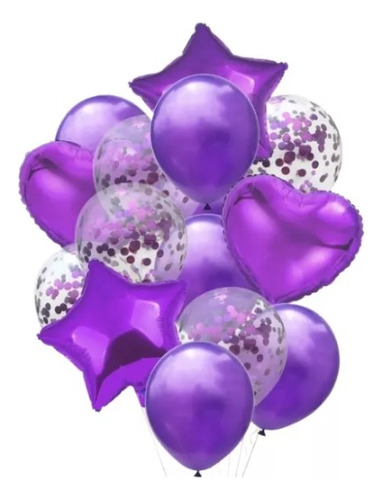 Bouquet Arreglo Globo Latex Confetti Morado Corazon Estrella