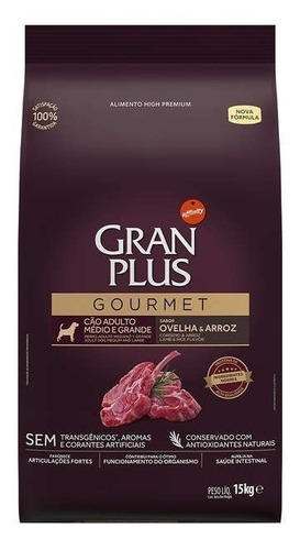 Gran Plus Gourmet Alimento para cão adulto de raça média e grande sabor ovelha e arroz em sacola de 15kg