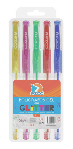 Boligrafo Roller Gel Glitter X5 Colores Lapicera Brillo Ezco
