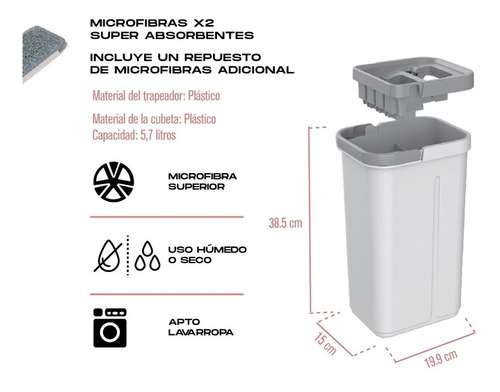 Imagen 3 de 10 de Trapeador Mopa Plana Con Balde Plástico 5,7 Lts Tagwood