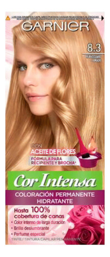 Tinte Cor Intensa Aceite de flores Kit Coloración Permnente Hidratante Garnier Cor Intensa tono 8.3 rubio claro dorado 20Vol. para cabello