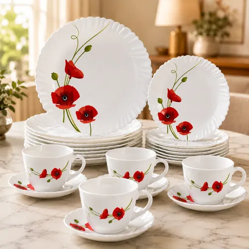 Aparelho De Jantar 16 Peças Vidro Flores Jogo Completo Branco Flor