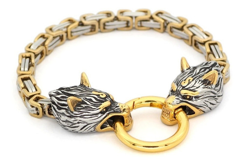 Pulsera Brazalete Acero Nordic Lobo Vikingo Color Oro Hombre