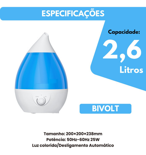 Umidificador De Ar Purificador Ultrassônico Luminária 2.6 Litros Com Luz Baixo Ruído Silencioso 127/220V Boyu Cell