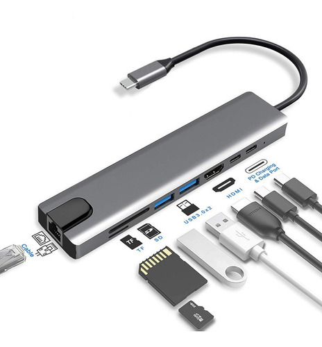 Adaptador Hub Tipo-c 8 In1 Com Saída Hdmi Usb Para Notebook