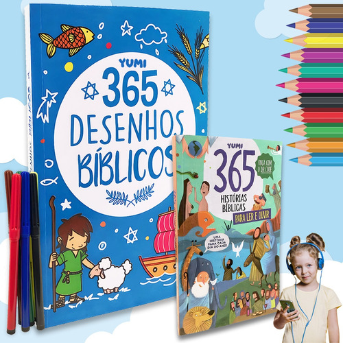 Kit 365 Histórias Bíblicas Para Ler E Ouvir Áudio + 365 Historias Bíblicas Para Colorir - Com Qr Code E 6 Canetinha Hidrográfica Brinde