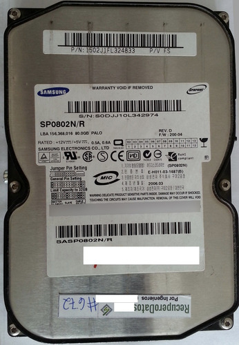 Disco Samsung Sp0802n/r 80gb Hdd 3.5 Ide -1431 Recuperodatos