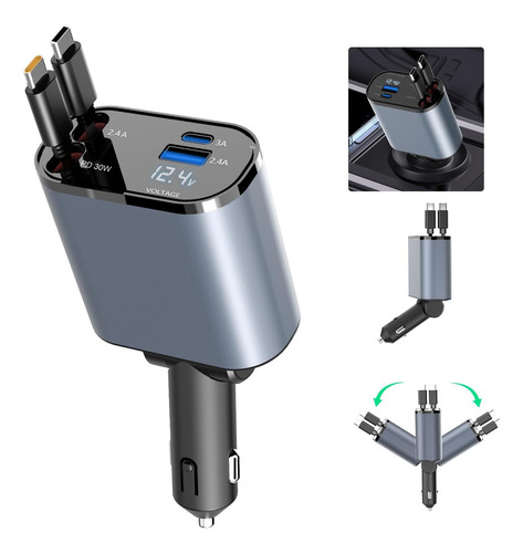 Carregador Turbo De Carro Retrátil Para iPhone Com 2cabo+led