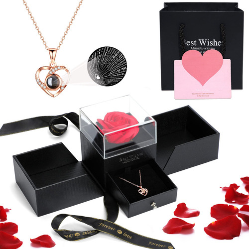 Rosa Roja Eterna Con Collar I Love You 100 Idiomas Mu