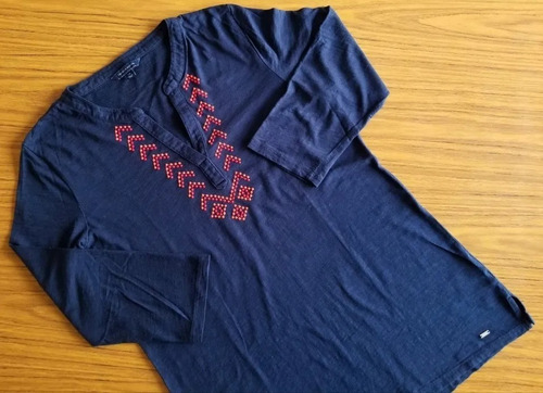 Remera Tommy Hilfiger Azul Bordada De Mujer T. L Manga 3/4