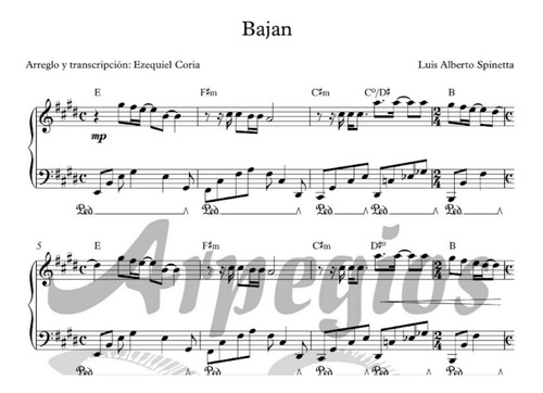 Partitura Para Piano Bajan De Luis Alberto Spinetta En Pdf