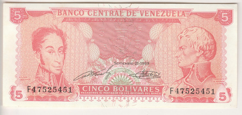 Billete Venezuela 5 Bolívares Septiembre 21 1989 F8 Au/unc