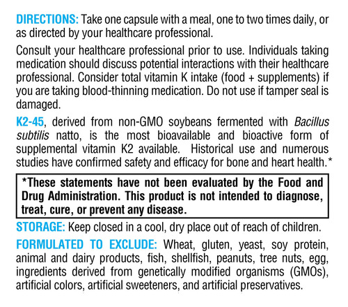 Xymogen K2-45 Vitamina K2 Mk-7 De Soja No Gmo Apoyo Óseo