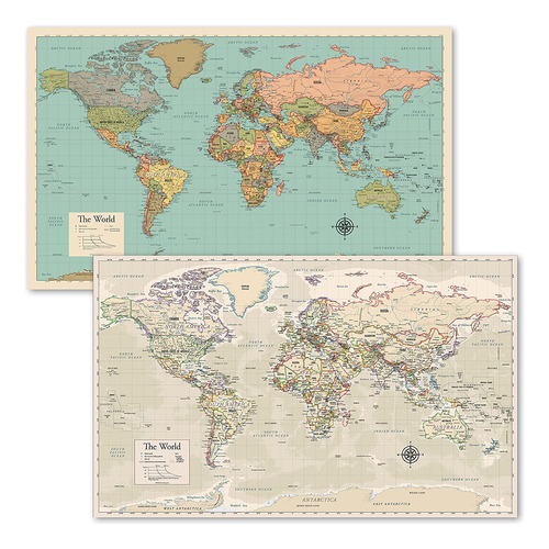 Paquete De 2: Mapa Del Mundo [bronceado/color] Y Mapa Del Mu