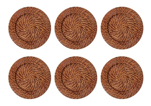 Kit 6 Sousplat Redondo Rattan E Bambu Marrom Rústico 32cm