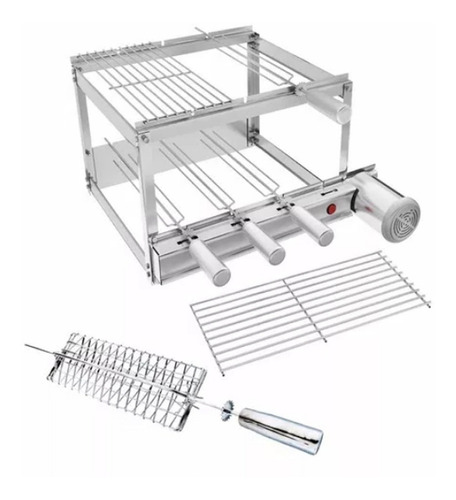 Gira Grill Churrasqueira Inox 4 Espetos + 3 Grelhas + Brinde