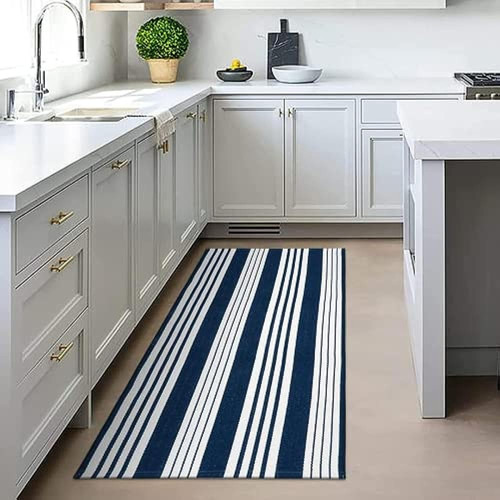 Alfombra De Cocina A Rayas De 2'x4.3', Lavable A Máquina, Az