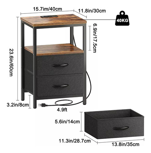 Banna Mesilla De Noche Vintage De 60 Cm Estación De Carga Con 2 Tomas De Corriente Y 2 Puertos Usb Energía A Tu Alcance 4 Zonas De Almacenamiento Robusta Y Estable