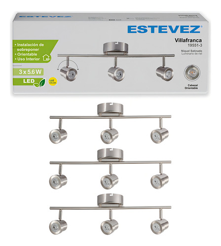 Pack 3 Rieles 3 luces Led Estévez, 17W, Luz Cálida, Níquel
