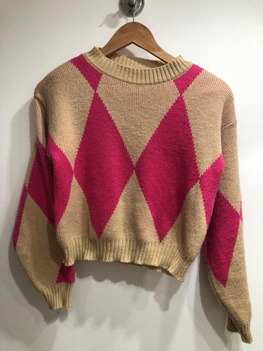 Sweater T S Corto Color Beige Y Fucsia De Acrílico