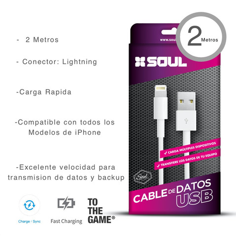 Cable Usb Cargador Largo 2 Mts. iPhone 5 6 7 8 Plus X Xr Xs