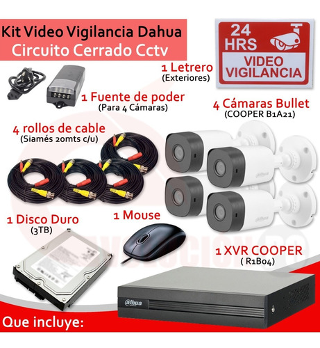 Kit Cctv De Vigilancia 4 Camaras Dahua Xvr1b04kit 2mp + 3tb | Envío gratis