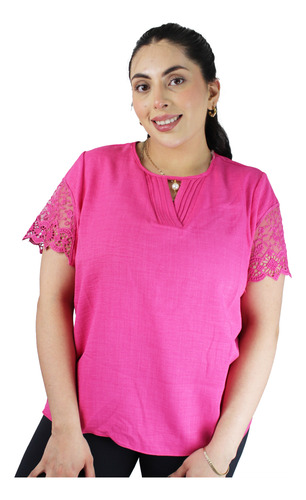 Blusa Con Mangas De Guipiure Escote V En Alforsas Comoda