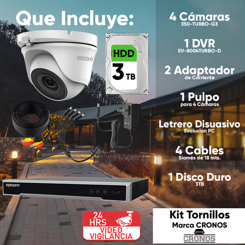 Epcom Kit De 4 Camaras De Seguridad Metalicas Domo 5mp Protección Ip66 Para Uso Exterior + Dvr 4ch Turbohd Con Detección De Movimiento Y Salida De Alarma +3tb Hdd Modelo Ev8004e50-plus+3tb