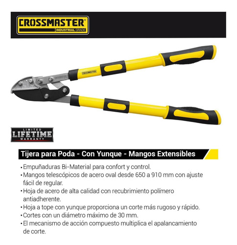 Imagen 2 de 4 de Tijera Poda C/ Yunque Mango Extensible 650-910mm Crossmaster