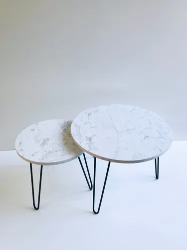 Mesa Arrime Nido Ratona Redonda Set X2 Simil Marmol Carrara