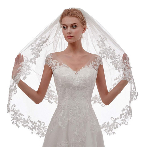Velo Corto De Novia De Encaje De 2 Niveles Para Mujer Con