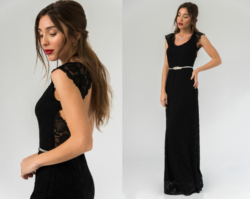 Vestido Largo Fiesta Negro Clasico Espalda Al Aire Manguitas