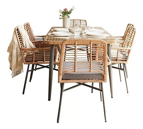 Juego Set Rattan Sintetico Exterior Jardin 7 Piezas - Nasau Estructura Gris