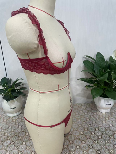 Conjunto Sexy De Lencería Transparente De Encaje Floral Con Borgoña L