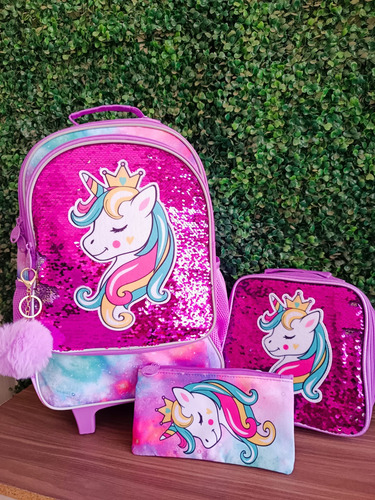 Conjunto De 3 Mochilas, Mochila Con Ruedas Para Niñas Morado Unicornio