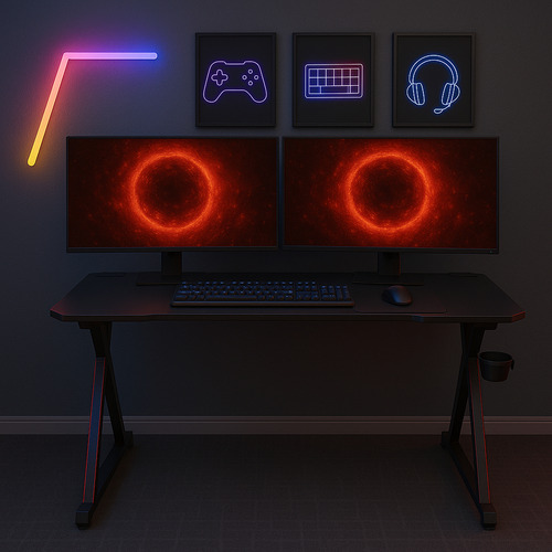 Mesa Gamer 2 Monitores Escrivaninha Fibra De Carbono Pc Computador Quarto Com Suporte Copo E Headset Pés Metal Móveis Bonatto