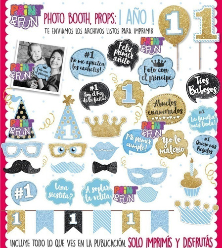 Photo Booth Cumple 1 Año Nene Glitter Imprimible Props - 2x1