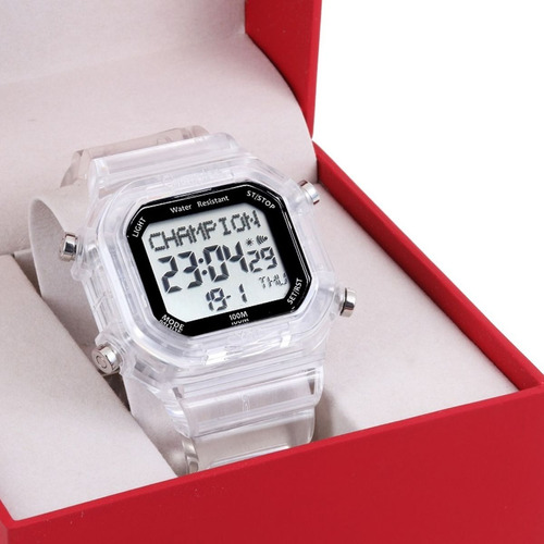 Relógio Masculino Digital Champion Yot Cp40181e Prova Dágua Correia Branco Bisel Transparente Fundo Positivo