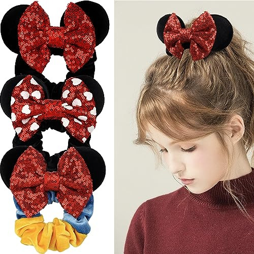 3 Pack Mickey Ears Mouse Scrunchies Sparkly Sequin 64vji