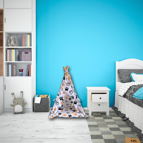 Tipi Para Perro Gato Casa Con Cama Colchoneta Mascota 80cm Color Patitas Blanco
