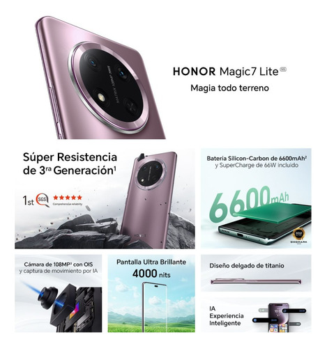 Honor Magic 7 Lite 5g 512gb 12gb Ram Dual Sim Nfc 108 Mpx Resistente Ip64 Batería 6600mah Snapdragon 6 Gen 1 Purpura Titanio