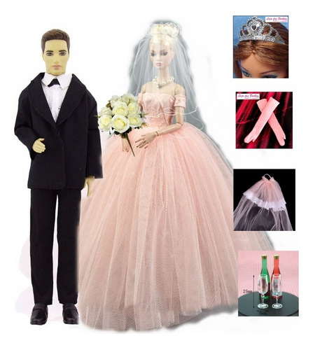 Kit Vestido Noiva Boneca Barbie + Smoking Ken + Acessórios